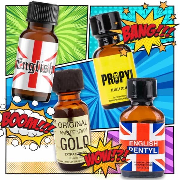 A vibrant and comic book-style advertisement inspired by "the fantastic four" featuring a collection of four bottles with various labels such as "english," "propyl," "amsterdam gold," and "english".
