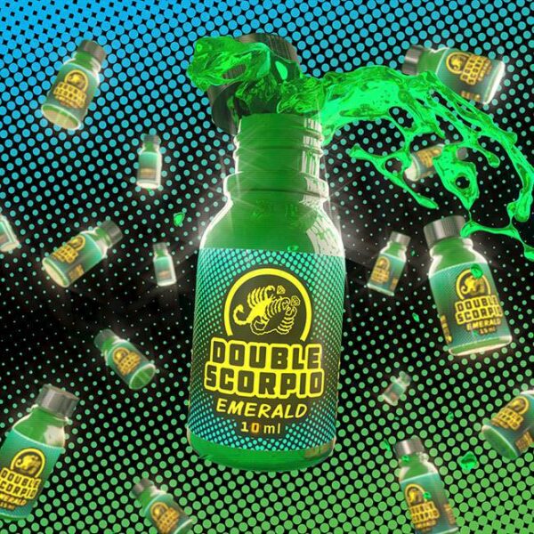 Vibrant splash of green from a double scorpio emerald - 10ml bottle against a dynamic dotted backdrop, with multiple bottles floating weightlessly.