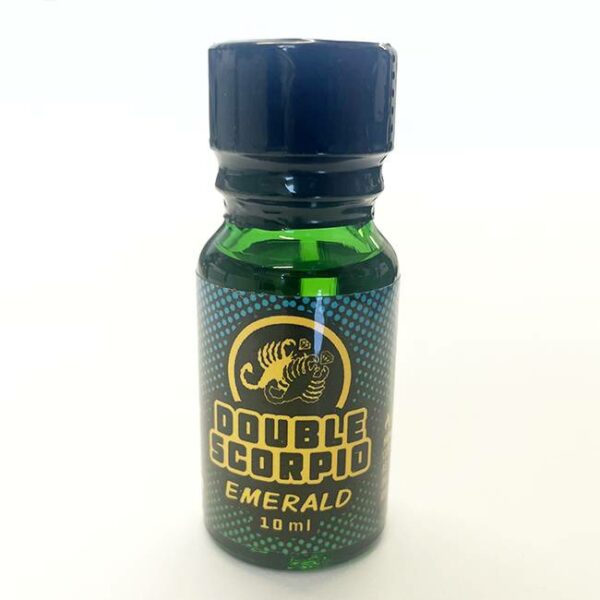 A bottle of double scorpio emerald - 10ml liquid product with a scorpion graphic, against a white background.