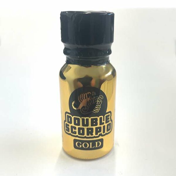 A small glass bottle with a black cap labeled "double scorpio gold - 10ml" featuring a scorpion graphic, against a plain background.