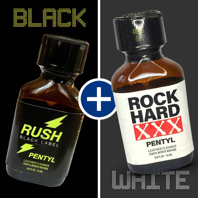 Black and White themed product image featuring two bottles of specialty cleaning solutions with bold labeling.