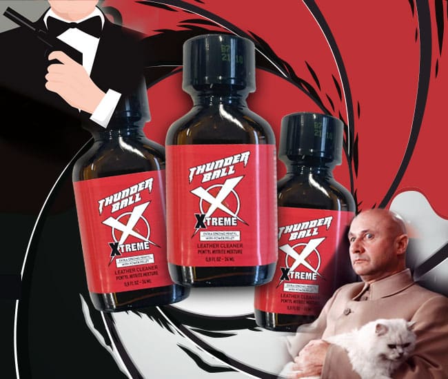 A collage presenting a bold contrast with a man in a tuxedo and another man reclining with a cat against a dramatic red and black background, flanked by bottles of "Thunderball Extreme Pentyl Poppers 24ml Triple pack".