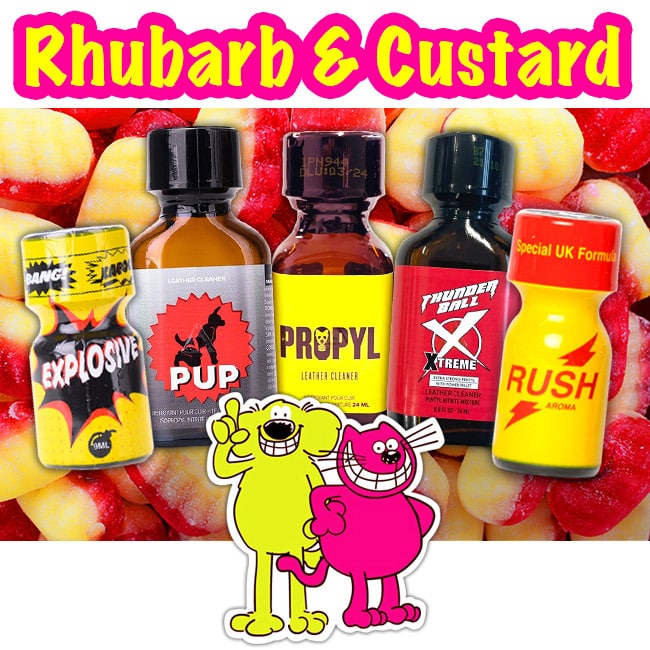 A colorful and playful promotional graphic featuring the animated characters Rhubarb & Custard, alongside a selection of brightly labeled bottles, set against a background of what appears to be Rhubarb & Custard sweets