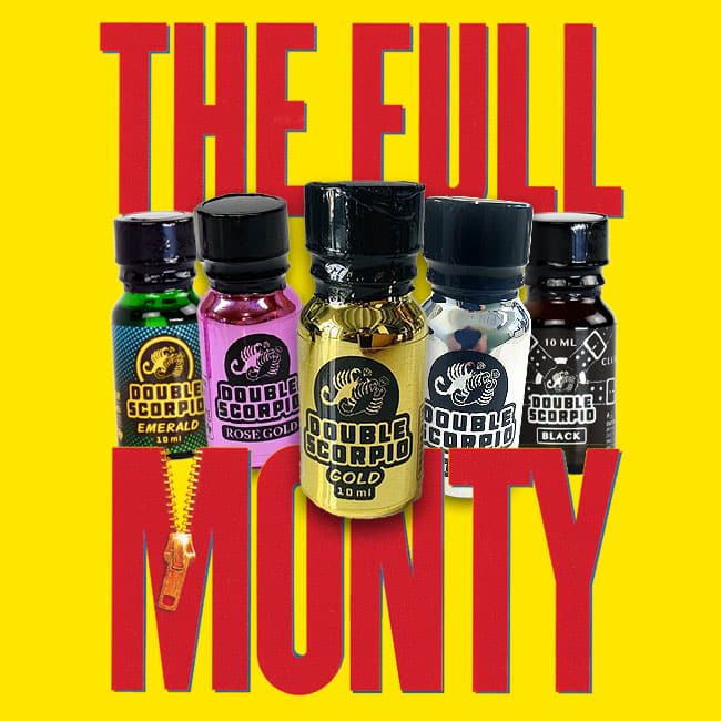 An array of bold-flavored The Full Monty bottles with a striking caption "The Full Monty" against a vibrant yellow background.