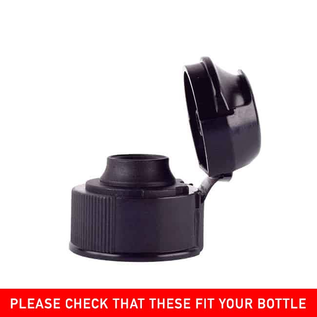 A black plastic Prowler Popper Topper bottle cap with an open flip-top lid against a white background, with a cautionary note advising to ensure it fits your Prowler Popper Topper.