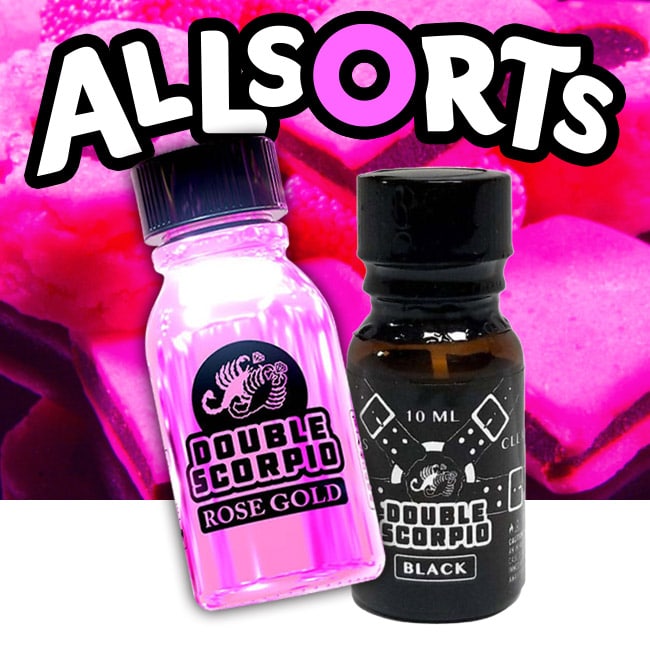 Two bottles of double scorpion vape juice in rose gold and black flavors against a vibrant background with Allsorts decorations, evoking a sense of varied taste experiences.