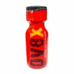A small bottle of bright red hot sauce with a black cap and bold yellow lettering against a white background.