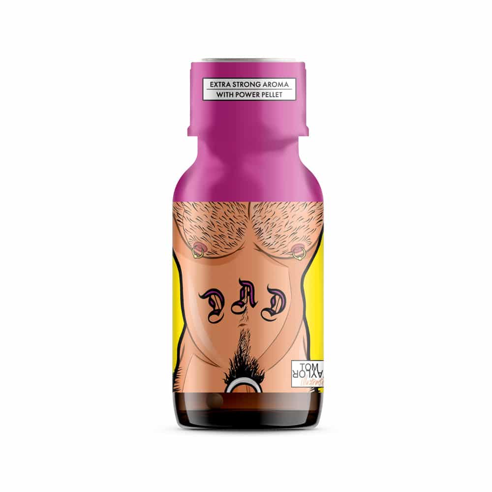 A creative and humorous beer bottle label design featuring a cartoon depiction of a man's chest with hair and a belly button, implying a robust and masculine 'extra strong aroma' with a 'power pellet'.