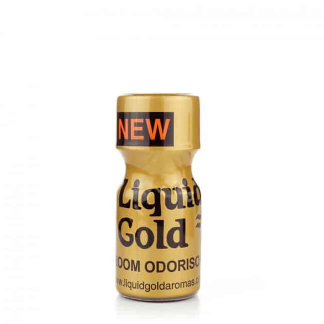 A bottle of "liquid gold room odorisor" with a gold-colored cap and a label stating "new" on a white background.