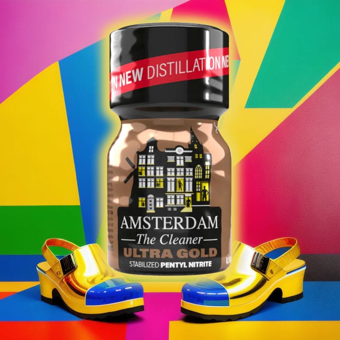 A vibrant pop art-style composition featuring a bottle labeled "Pentyl Amsterdam Ultra Gold 10ml - the cleaner gold" with colorful shoes against a geometric backdrop of bold primary colors.