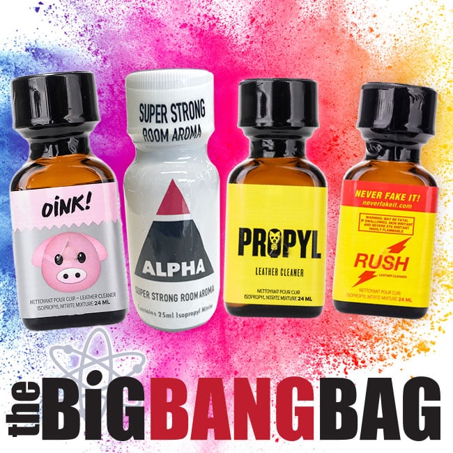 A colorful advertisement showcasing The Big Bang Bag with vibrant splash backgrounds, entitled "The Big Bang Bag.