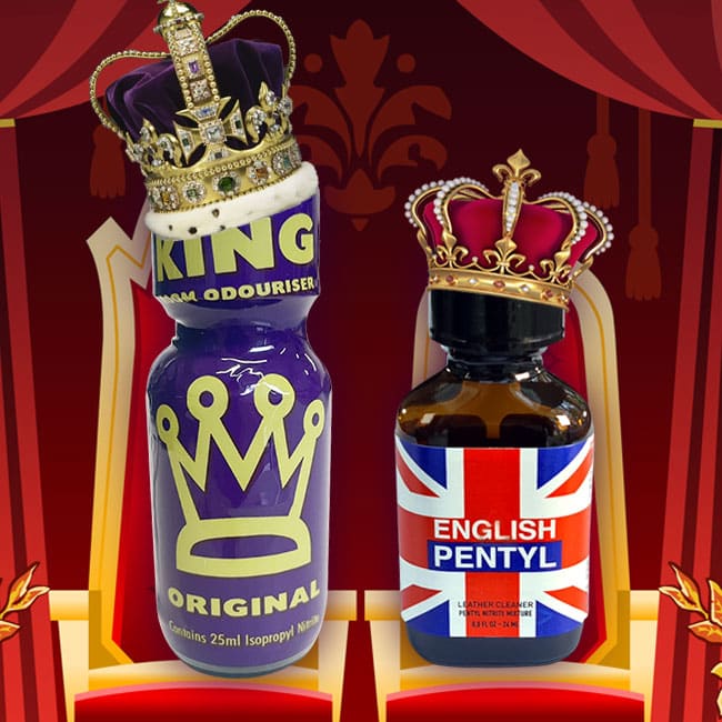 Two bottles of The Coronation Pack, part of the Coronation Pack, with regal themes, one labeled "king original" with a purple cap and crown design, and the other styled with a union