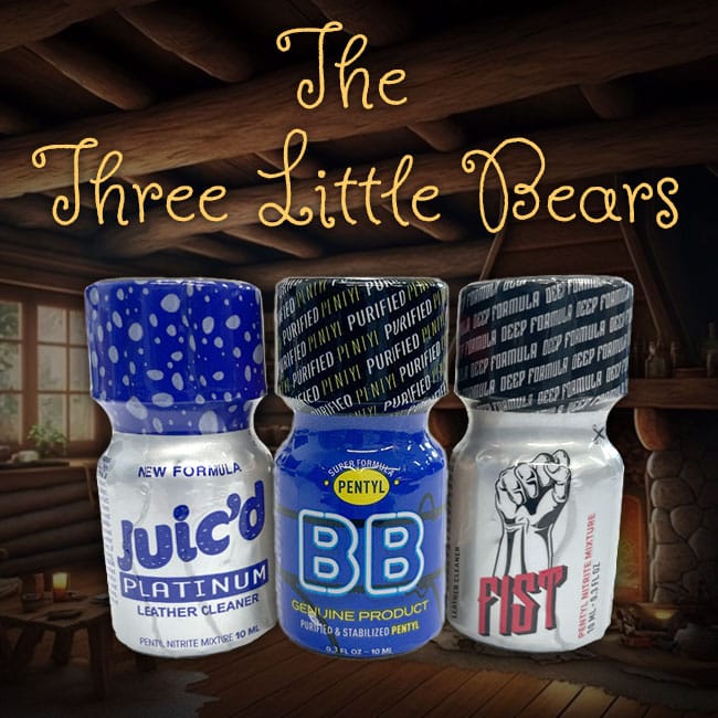 Three Little Bears cans of specialty cleaning and grooming products creatively positioned and playfully labeled, each with a unique design, sitting on a wooden surface against a rustic cabin-like interior background.