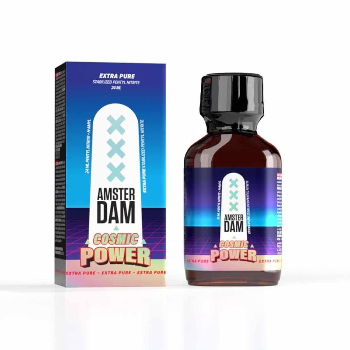 A small amber glass bottle with a dropper next to its vibrant blue and purple product box labeled 'Amsterdam Cosmic Power Pentyl' – suggesting a high-potency formula.