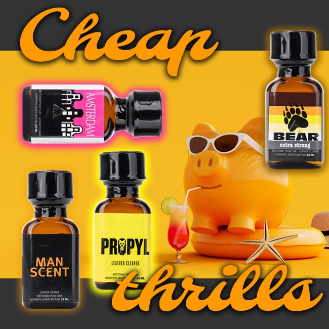 A vibrant advertisement featuring an assortment of Cheap Thrills with playful branding, paired with a piggy bank wearing sunglasses and sipping a cocktail, all against a vivid yellow background. The bold text "Cheap