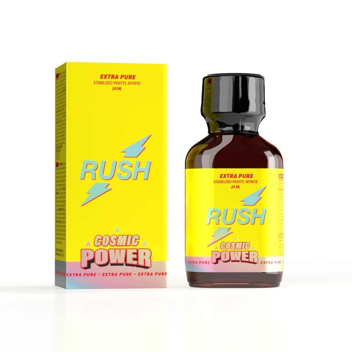 A bottle of "Rush Cosmic Power Pentyl" supplement with a vibrant yellow packaging, promising an "extra pure" Pentyl formulation for a boost of energy.