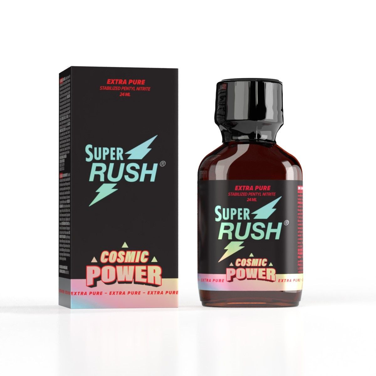Bottle of "Super Rush Cosmic Power Pentyl" next to its packaging, emphasizing its "extra pure" quality.