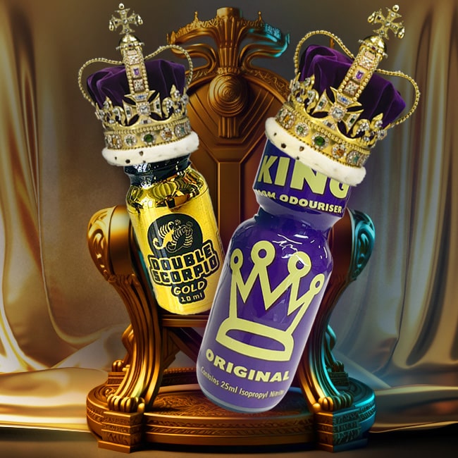 Two bottles of The Midas Touch styled to resemble royalty with ornate crowns atop them, presented against a luxurious backdrop evoking a sense of opulence and wealth.