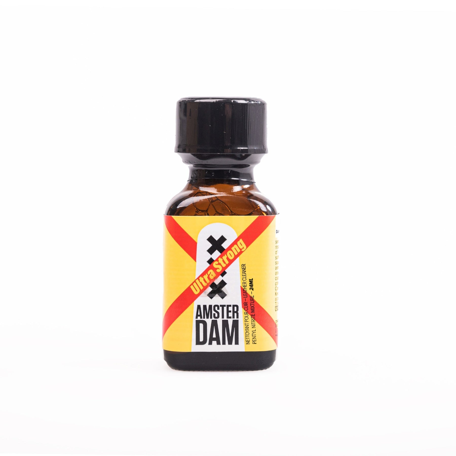 A small brown glass bottle with a yellow and black label that includes the word "Amsterdam XXX Ultra Strong Poppers" and caution symbols, isolated on a white background.