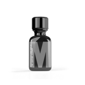 A sleek black bottle with a monochrome label featuring the prominent letter 'm' for M The Leather Cleaner Pentyl stands against a white background, projecting a minimalist and modern design aesthetic.