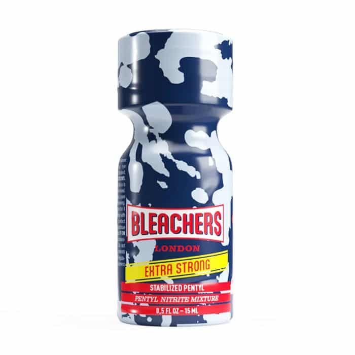 A bottle of Bleachers London Extra Strong 24ml liquid product with a distinctive blue and white camouflage pattern design on the bottle.