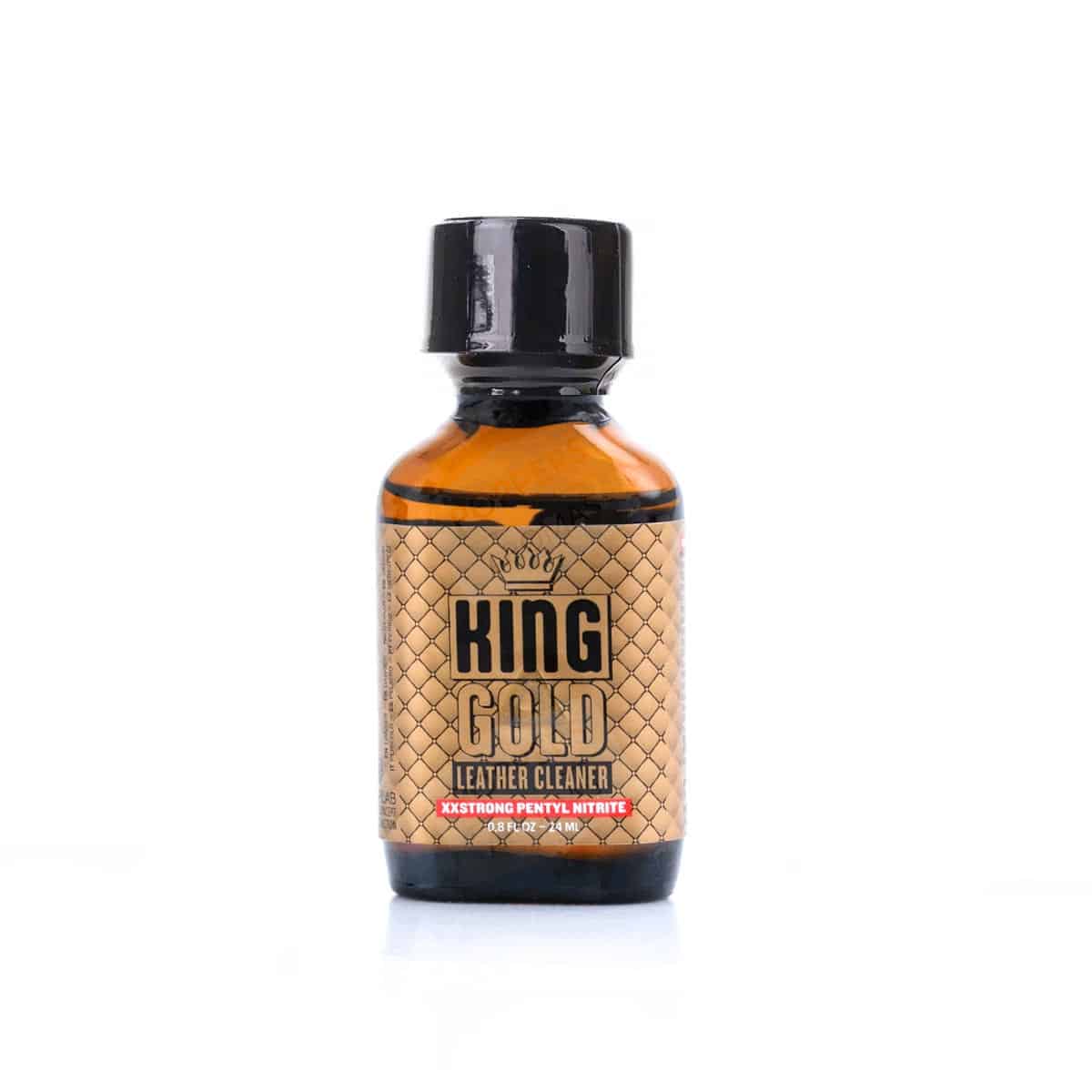 A bottle of King Gold Poppers 24ml leather cleaner, set against a white background.