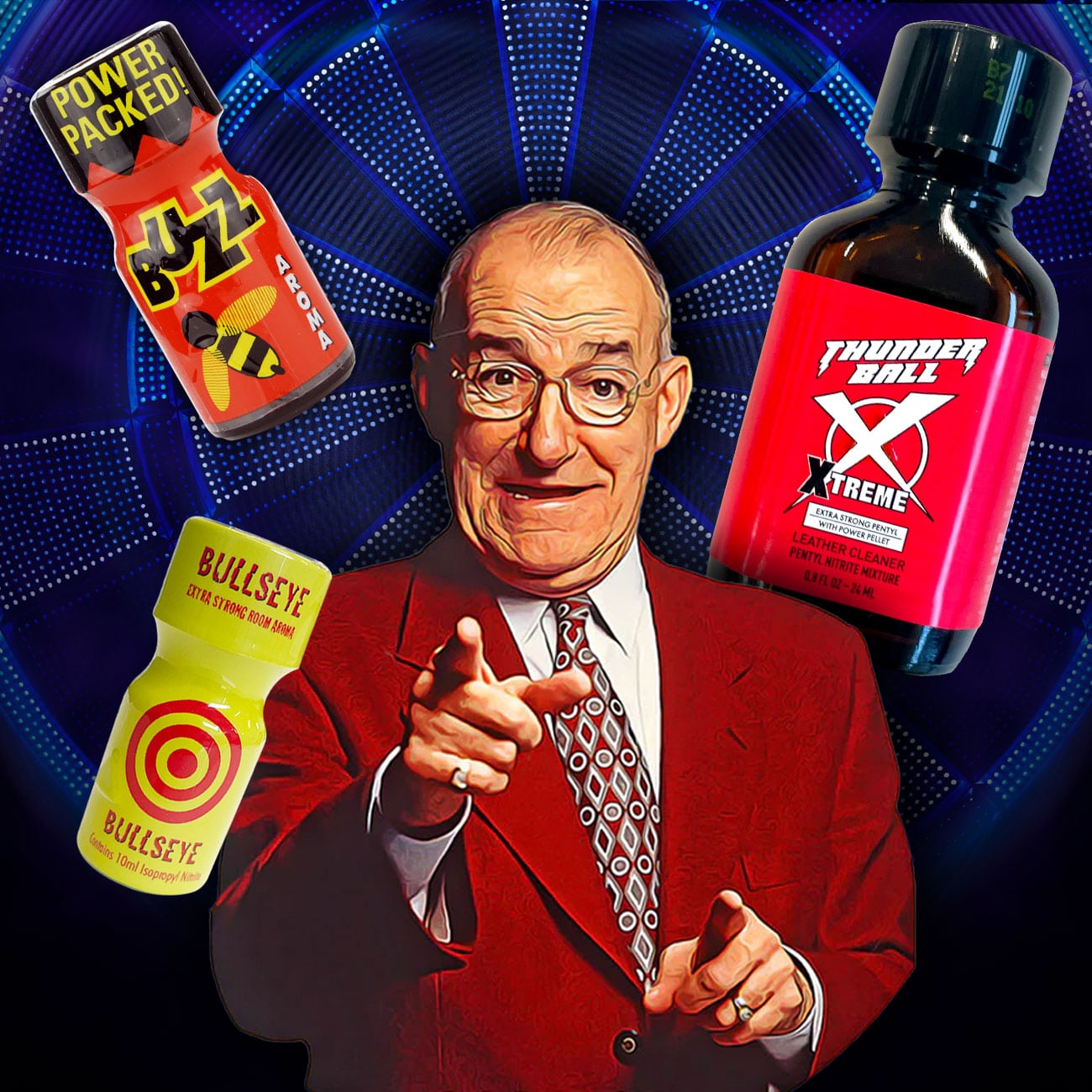 A cheerful man in a suit and bowtie points directly at the viewer, surrounded by an array of colorful The Bullseye Pack energy drink products with vibrant logos, set against a dynamic, radiating blue