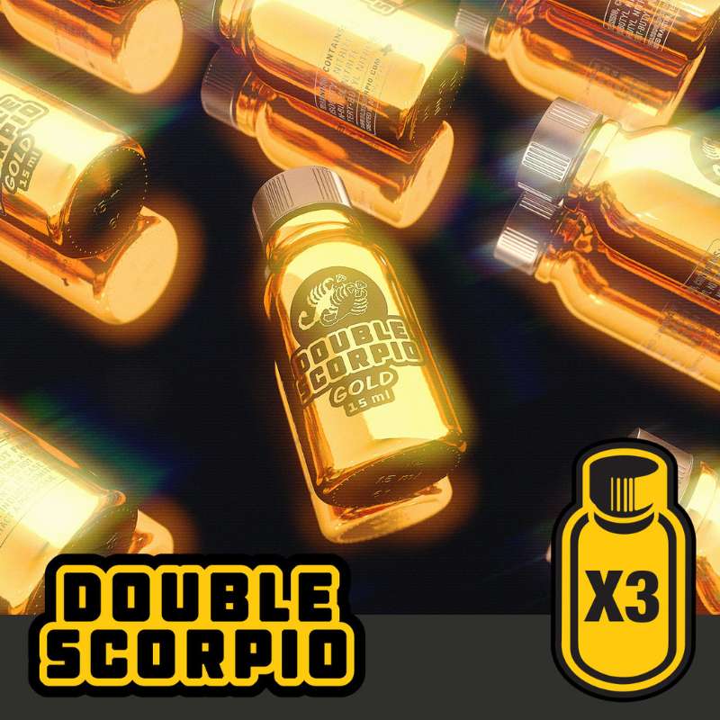 A collection of amber-colored bottles with "double scorpio gold" labels arranged artistically against a dark background, with a graphic of a bottle and "x3" indicating a trio or multiplicity of the item.