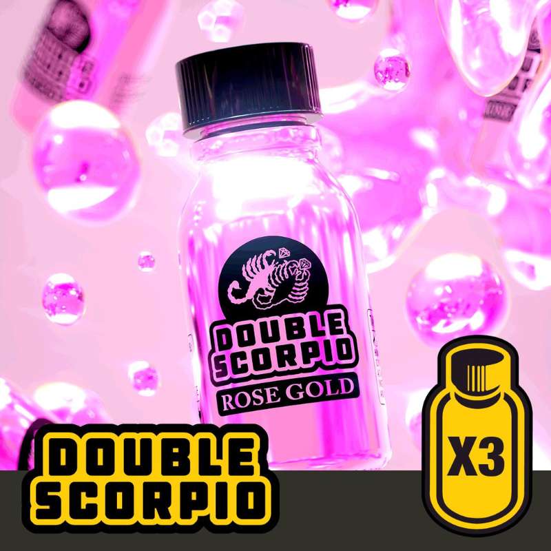 A vibrant pink-themed promotional image featuring a bottle of "double scorpio rose gold" with bubbles and duplicated bottle silhouettes adding a dynamic and effervescent atmosphere.