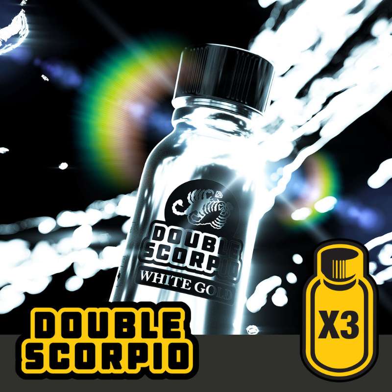 A bottle of "double scorpio white gold" against a vibrant, colorful light display with a graphic of a yellow bottle and "x3" symbol emphasizing the product's potency or concentration.