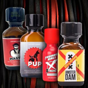 A selection of Fourplay leather cleaning products on a background of black and red intertwined leather strands.