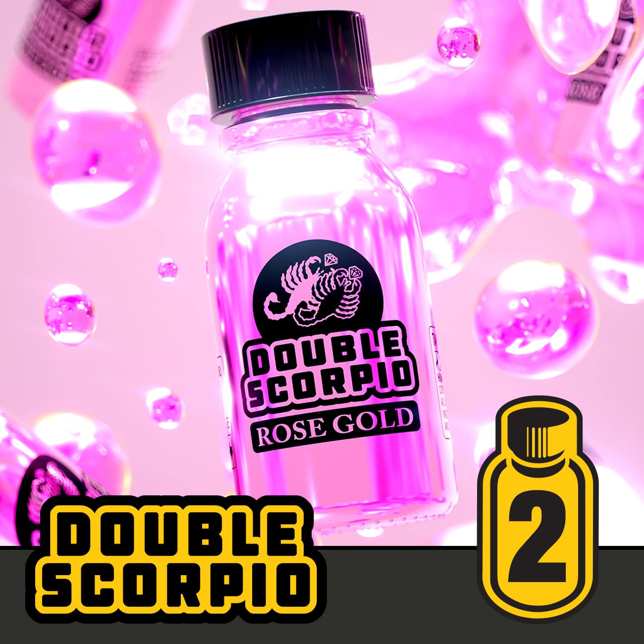 A vibrant pink bottle of "double scorpio rose gold - twin pack" highlighted by radiant pink lighting and floating bubbles, set against a playful, energetic background.
