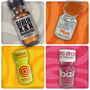 A collage featuring a Foursome of colorful images, each showcasing a different bottle of Foursome with bold labels, indicating various types of strong cleaning solutions or air fresheners with eye-catching designs.