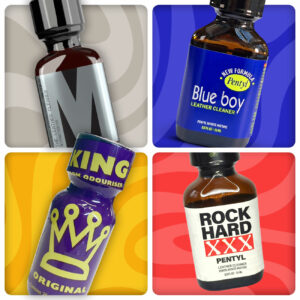 A Foursome collage of four different bottles of poppers with vibrant backgrounds, each featuring bold labelling of the Foursome names like "M PENTYL," "Blue Boy," "King.