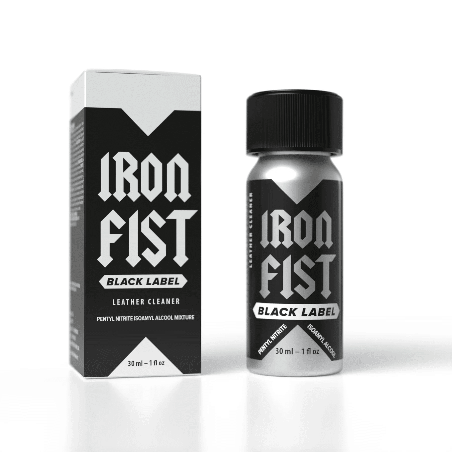 A bottle and box of "iron fist black label leather cleaner" with a sleek, monochromatic design, indicating a product intended for the maintenance and cleaning of leather items.